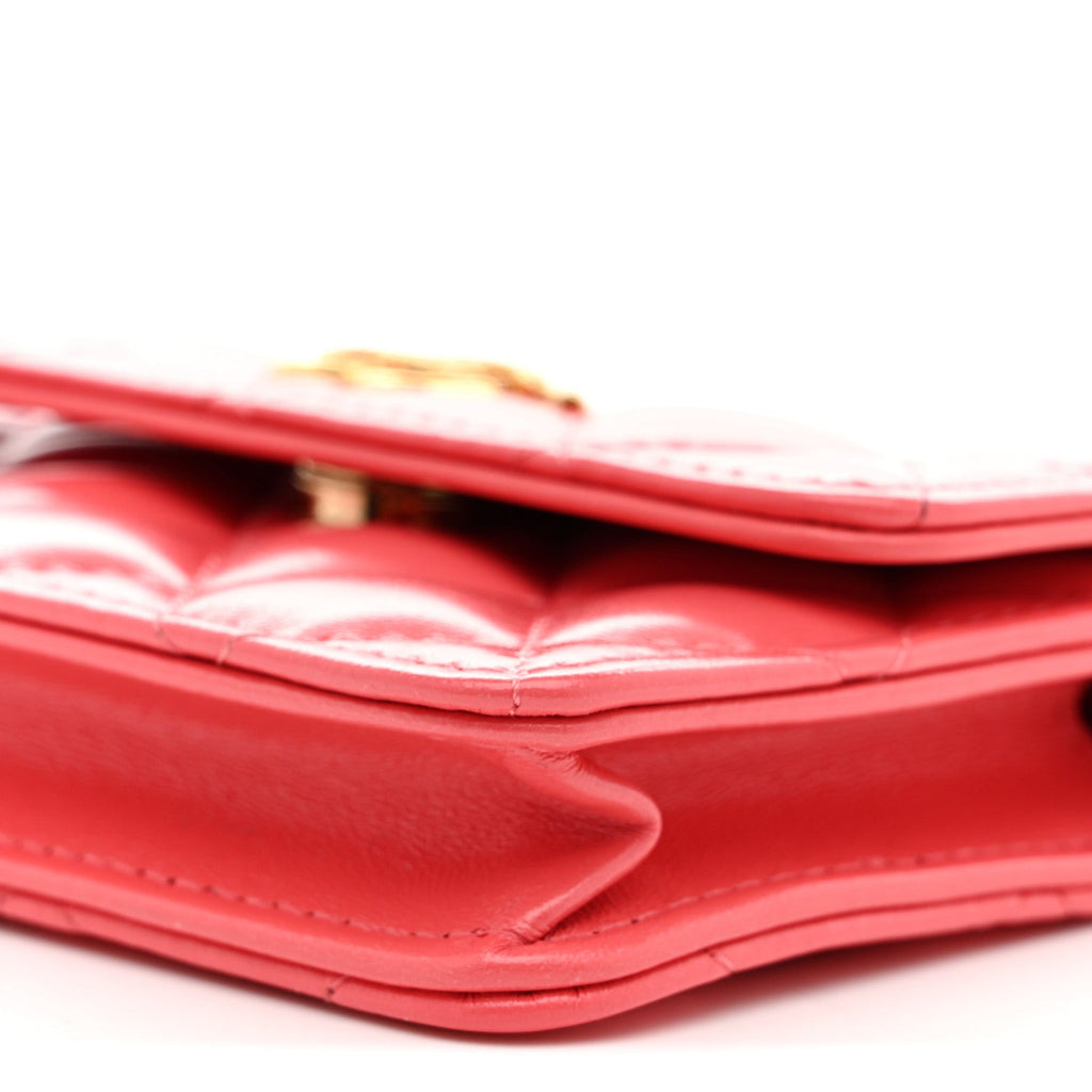 Chanel Shiny Lambskin Quilted Card Holder On Chain Pink