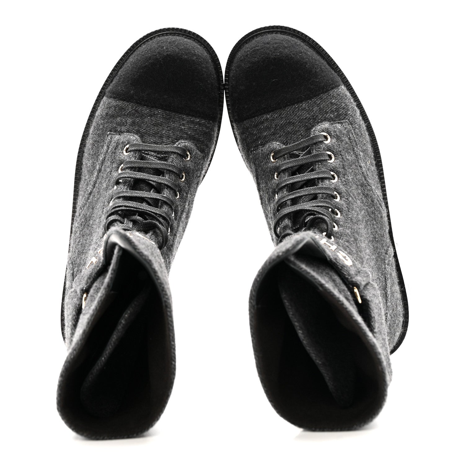 Chanel Tweed Lace Up Combat Boots 37.5 Dark Grey Black