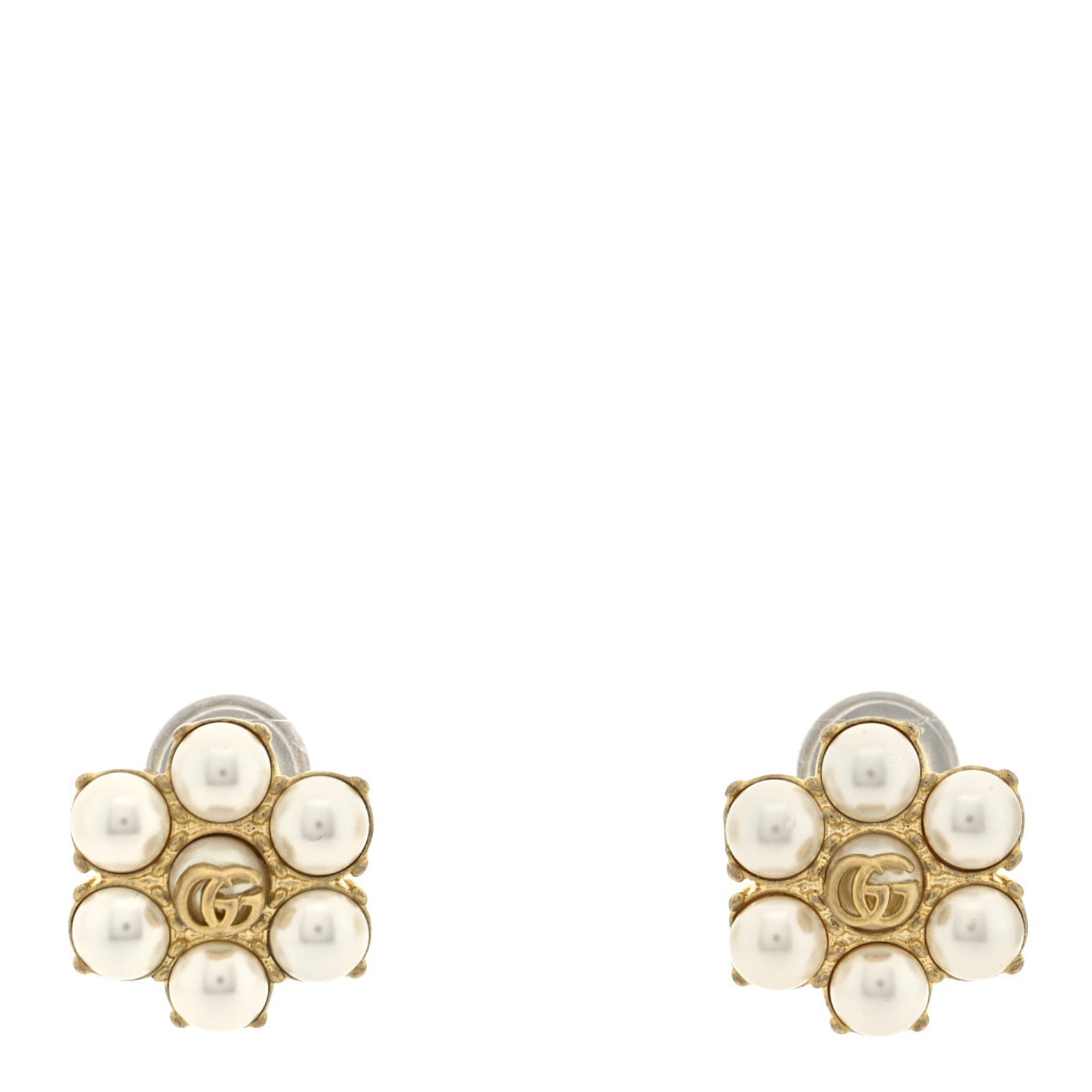 Gucci Metal Pearl Double G Clip On Earrings Aged Gold