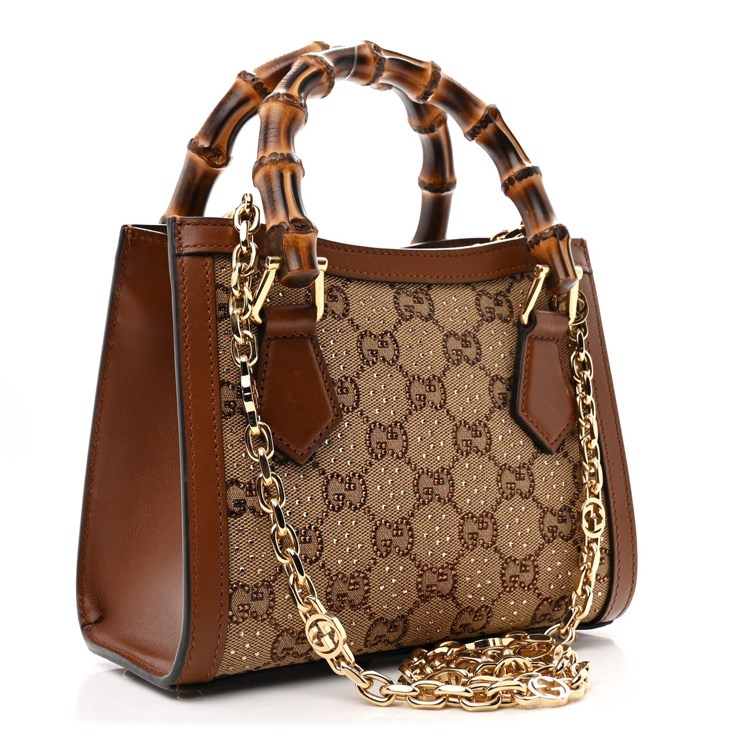 Gucci New Canvas Charisma Calfskin Crystal GG Monogram Mini Diana Tote Bag Camel Ebony