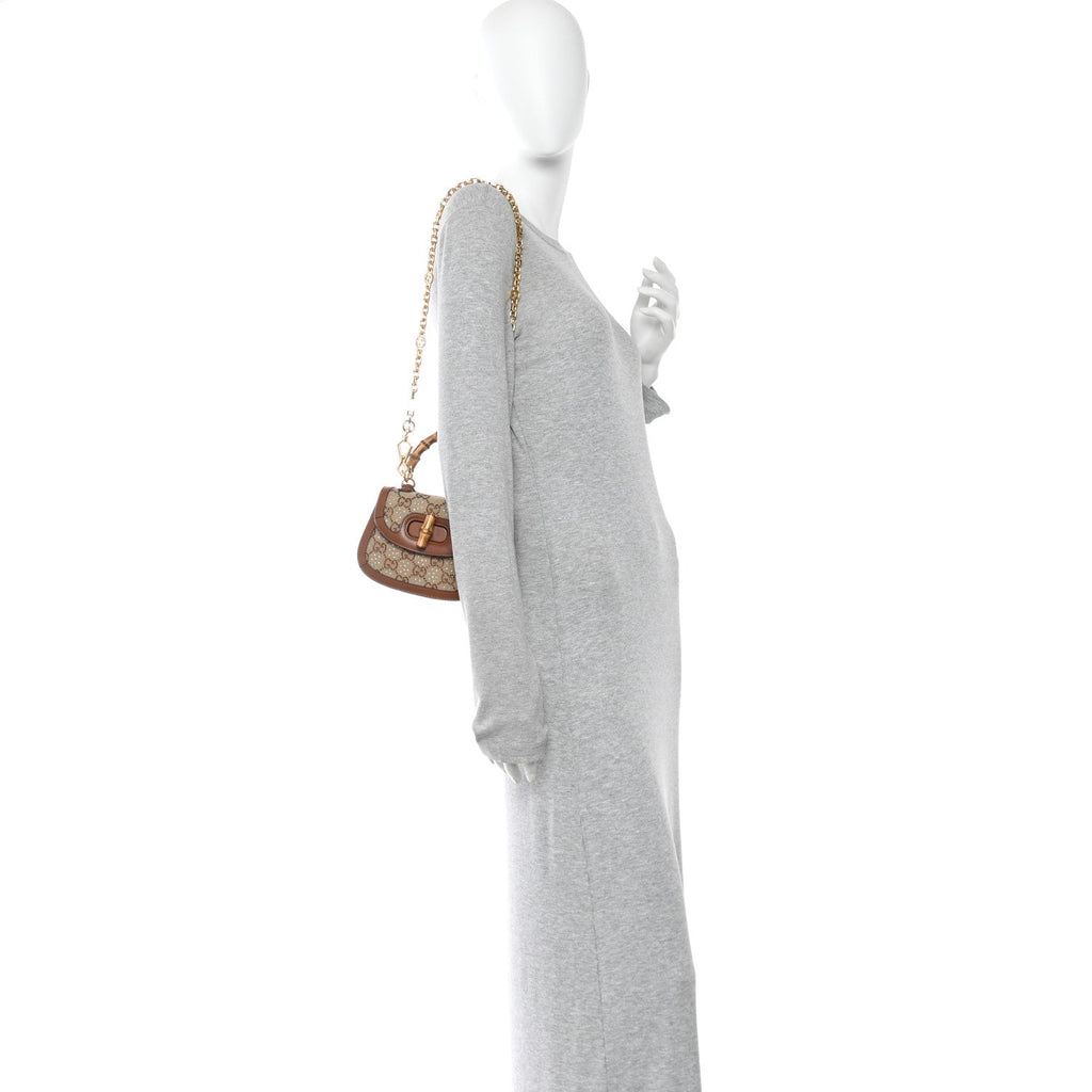 Gucci New Canvas Charisma Calfskin Crystal GG Monogram Small Bamboo 1947 Top Handle Bag Camel Ebony