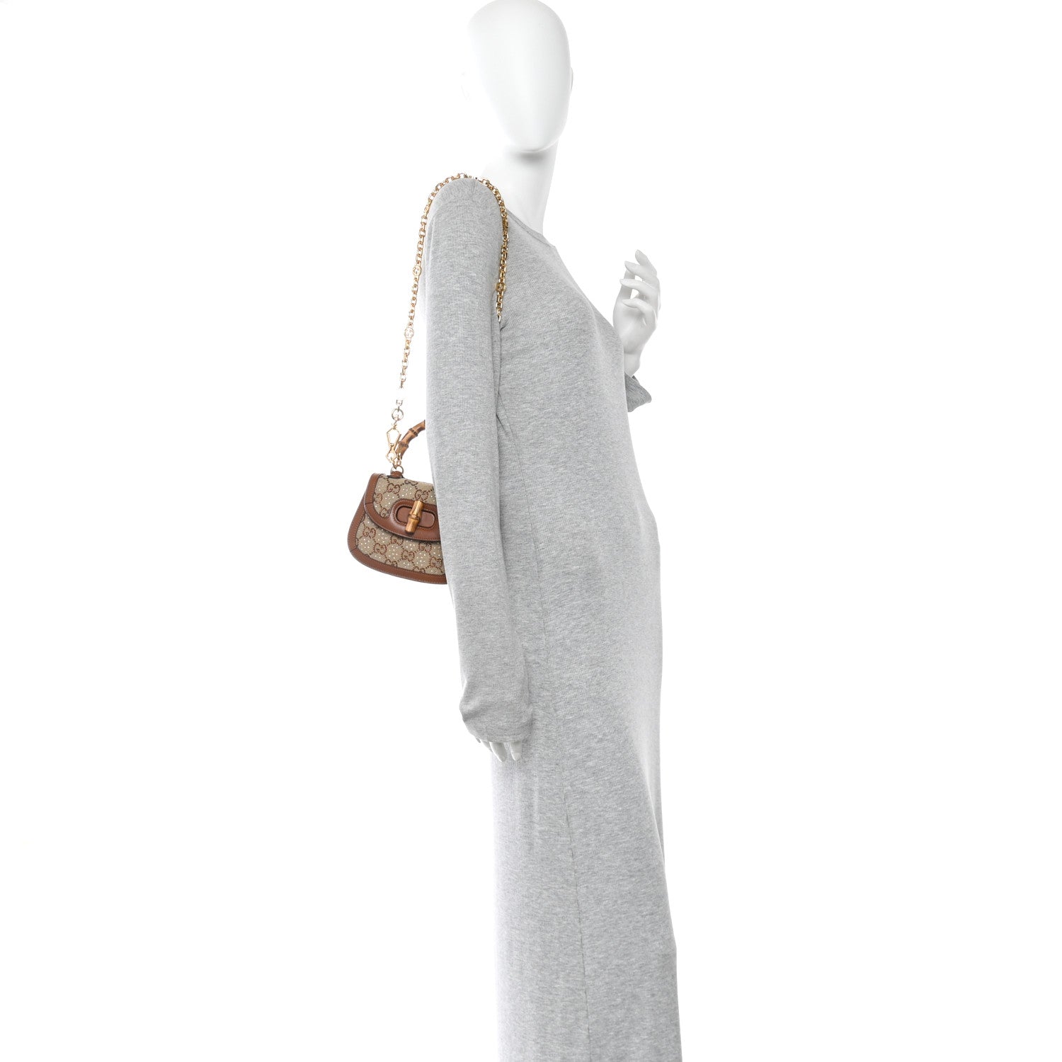 Gucci New Canvas Charisma Calfskin Crystal GG Monogram Small Bamboo 1947 Top Handle Bag Camel Ebony