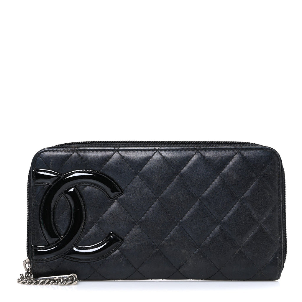 Calfskin Quilted Cambon Large Gusset Zip Around Wallet Black