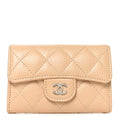 Caviar Quilted Flap Card Holder Wallet Beige