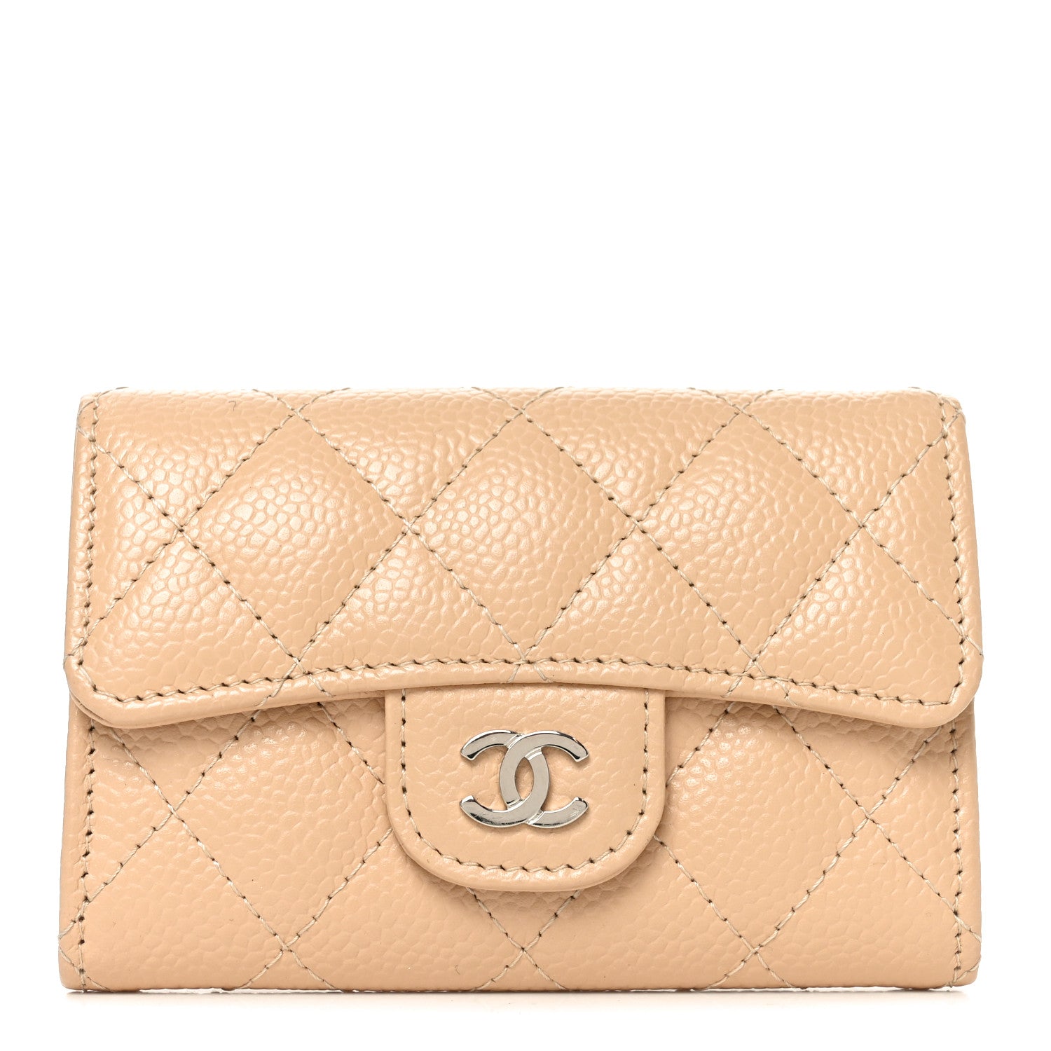 Caviar Quilted Flap Card Holder Wallet Beige