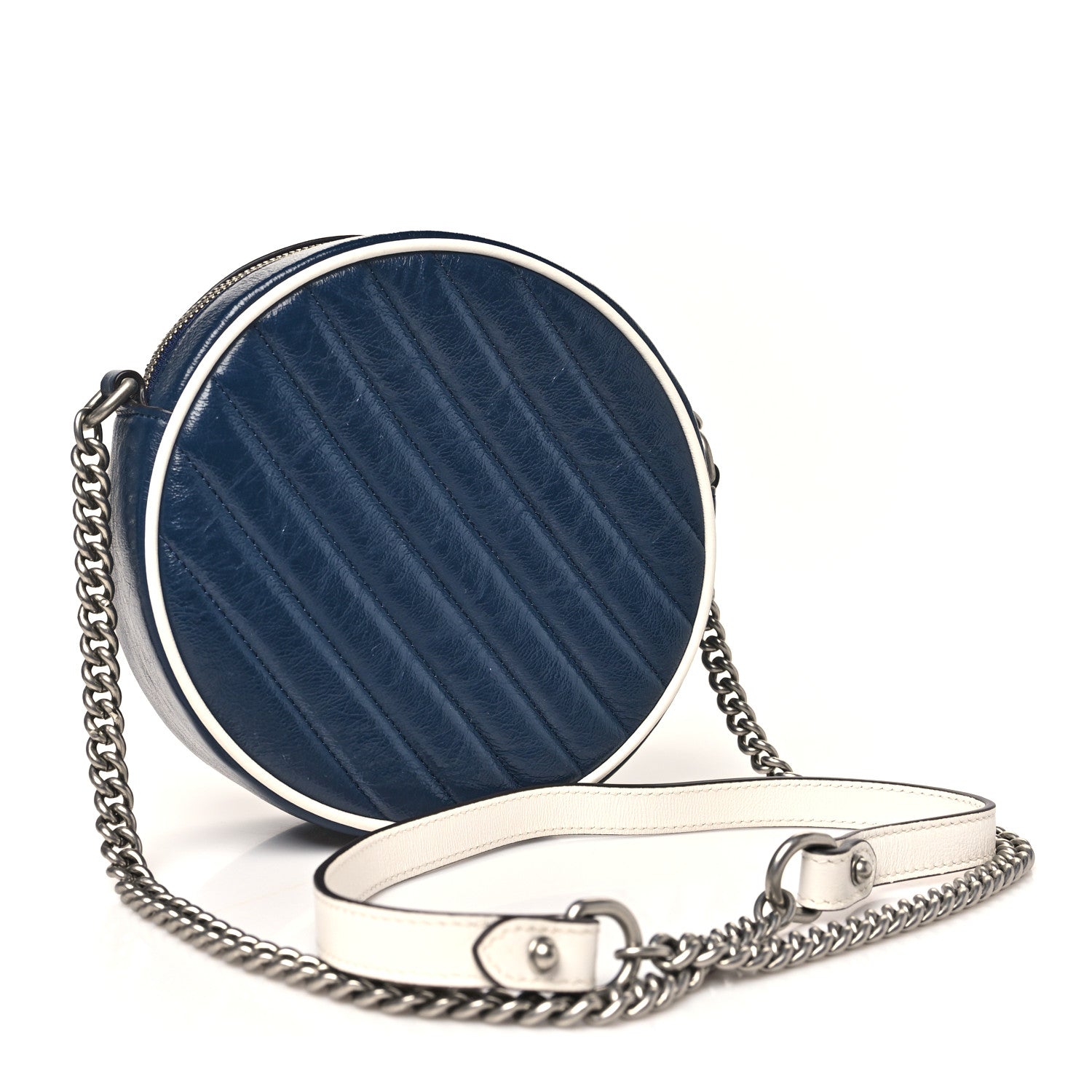 Gucci Azalea Calfskin Matelasse Diagonal Mini Torchon GG Marmont Round Shoulder Bag Blue Agata Mystic White