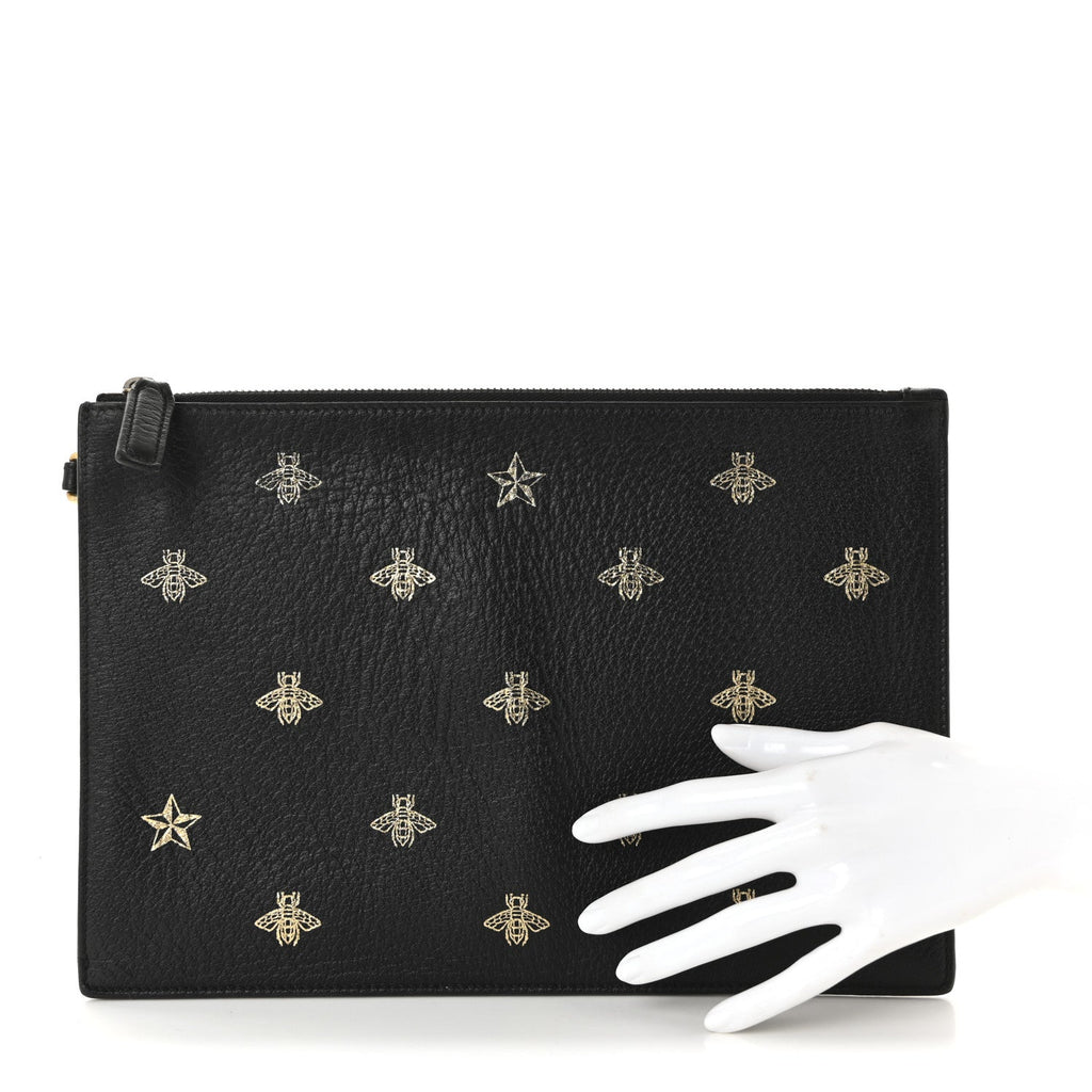 Gucci Dollar Calfskin Boar Effect Bee Star Zip Wristlet Pouch Black