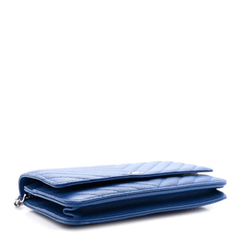 Chanel Caviar Chevron Quilted Wallet On Chain WOC Blue