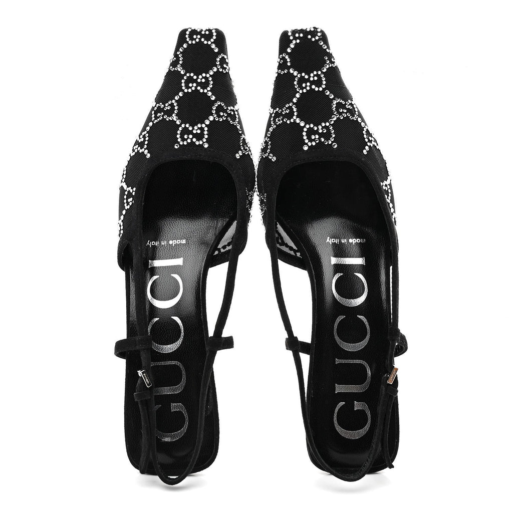 Gucci Tela Retino Kid Scamosciato Crystal GG Monogram Square G 35mm Slingback Pumps 35.5 Black