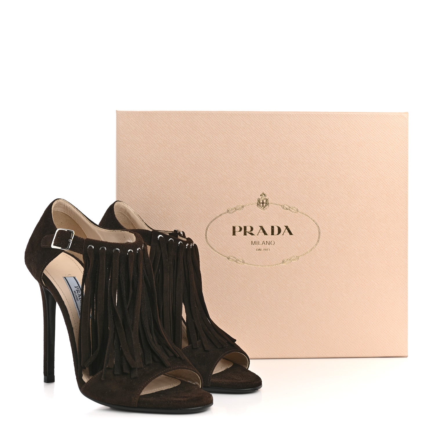 Prada Suede Fringe Peep Toe Sandal 36 Moro