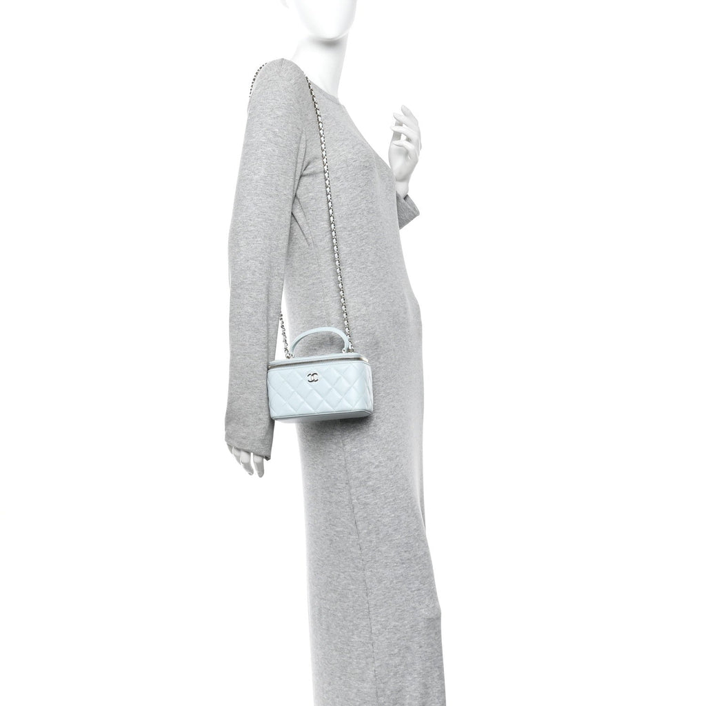 Chanel Lambskin Quilted Small Top Handle Vanity Case With Chain Light Blue