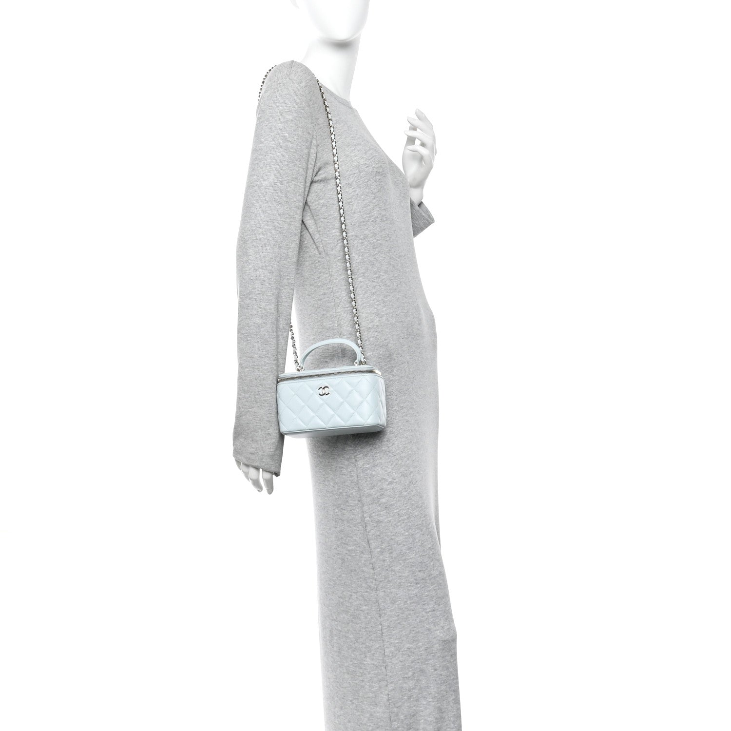 Chanel Lambskin Quilted Small Top Handle Vanity Case With Chain Light Blue