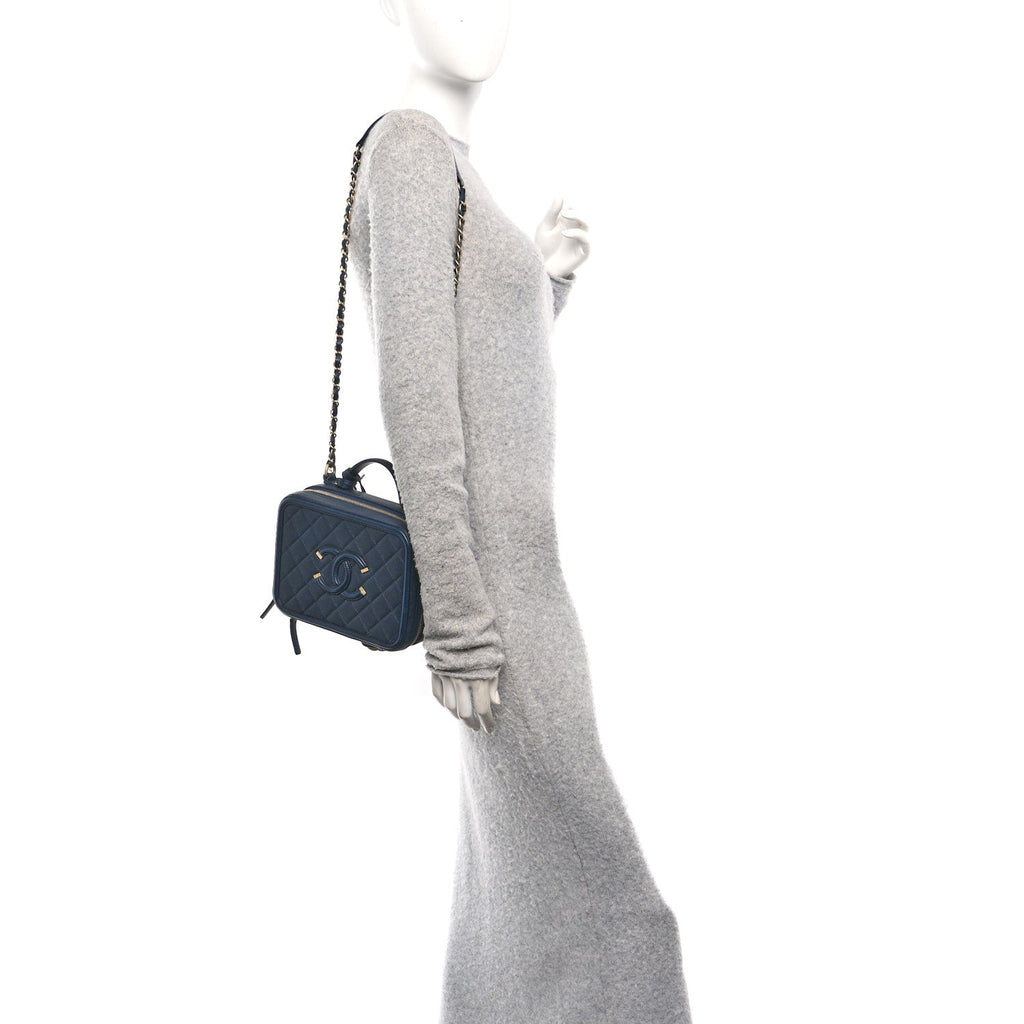 Chanel Caviar Quilted Medium CC Filigree Vanity Case Navy