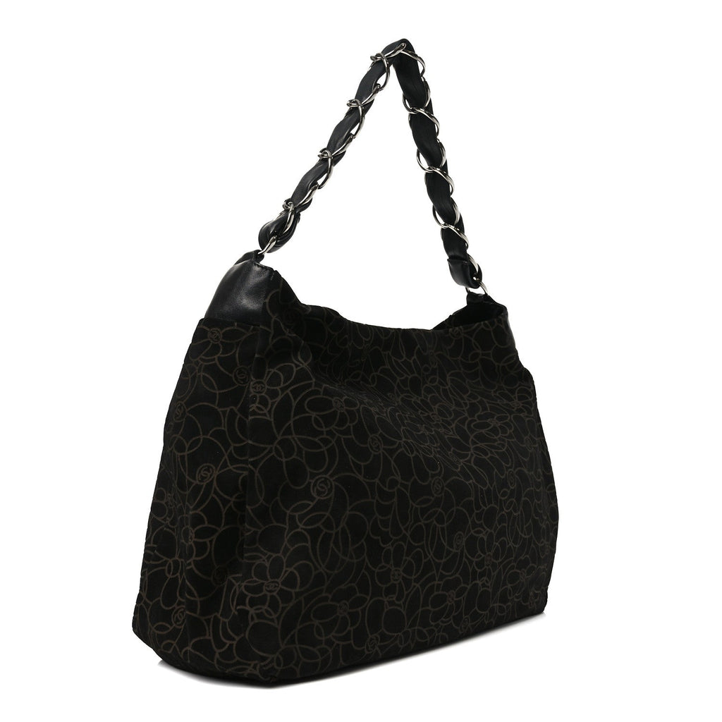 Chanel Suede Camellia Hobo Bag Black
