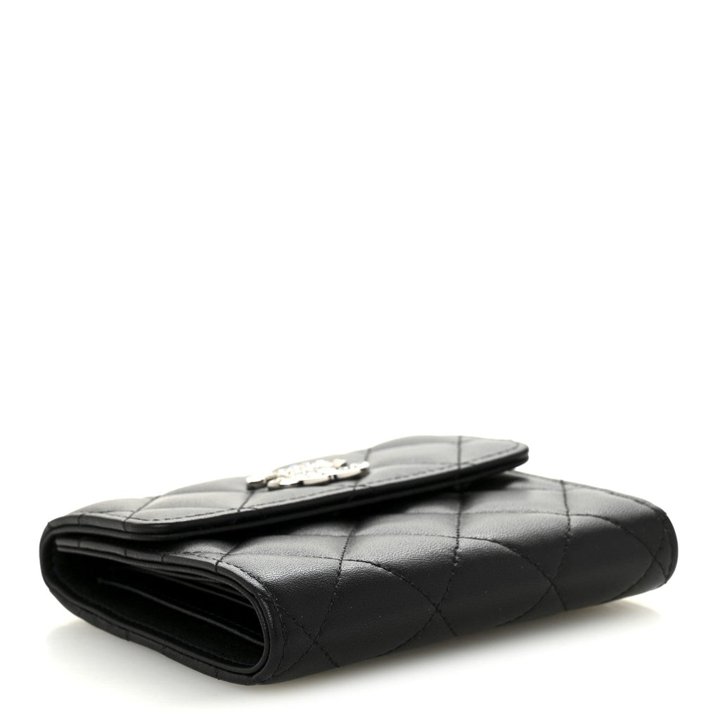 Lambskin Quilted Baguette Crystal Small Compact Wallet Black