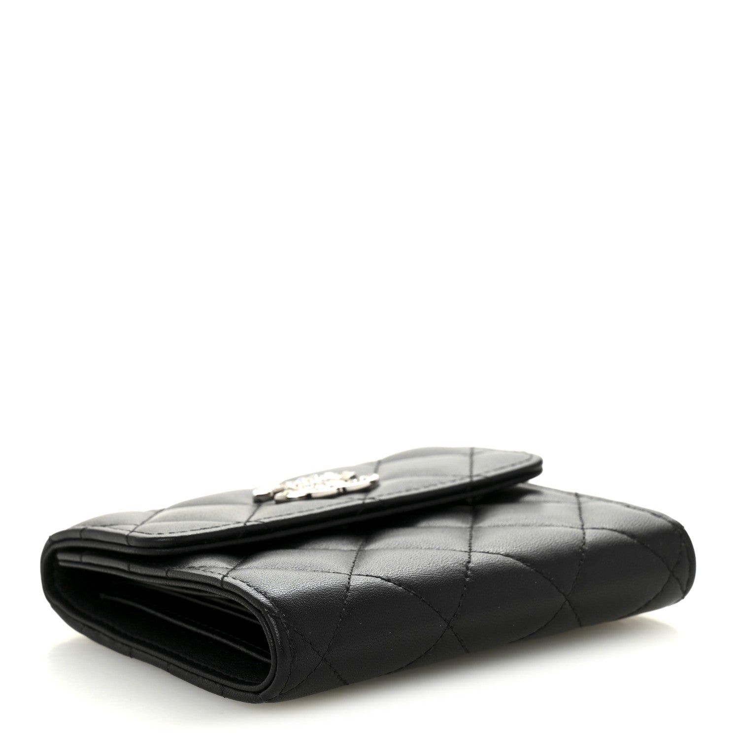 Lambskin Quilted Baguette Crystal Small Compact Wallet Black