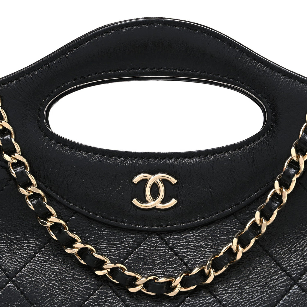 Chanel Shiny Crumpled Calfskin Quilted Nano 31 Shopping Bag Black