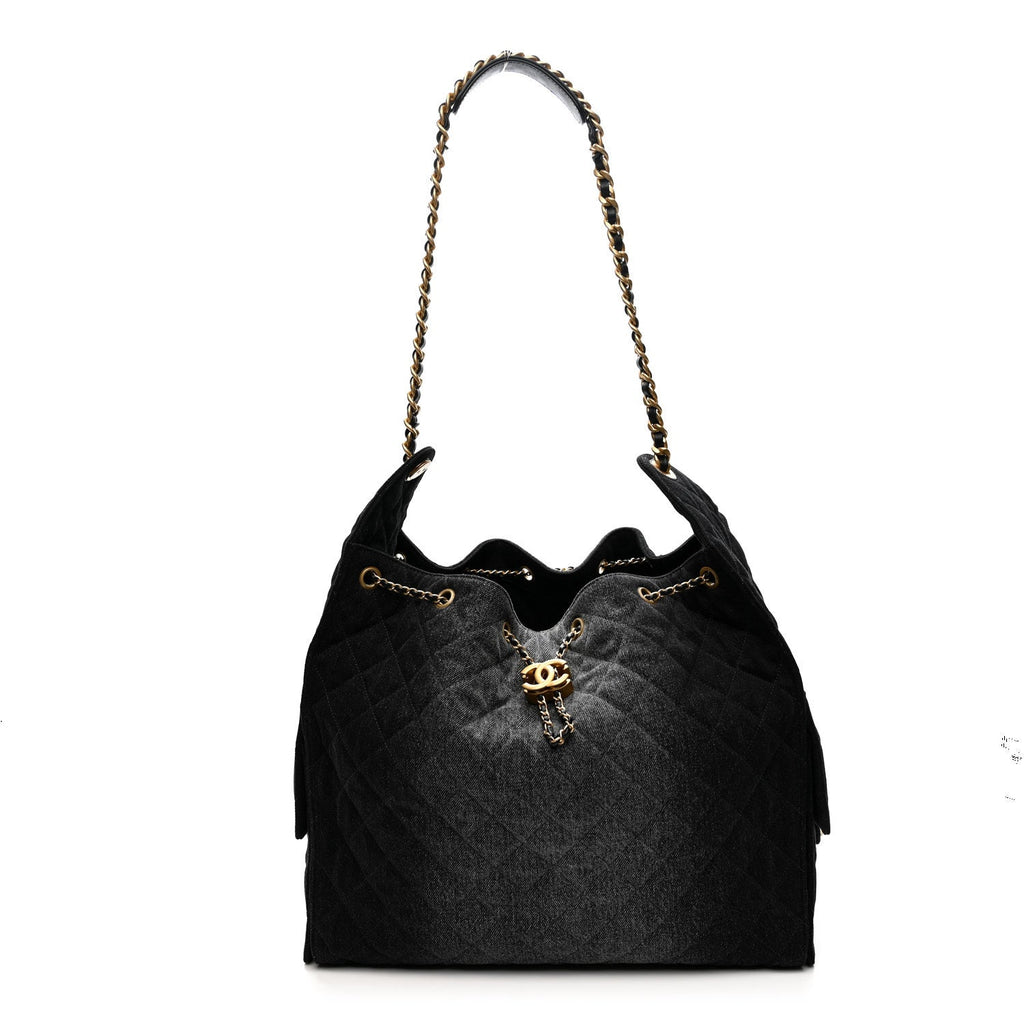 Chanel Washed Denim Quilted Large Chanel 25 Handbag Black