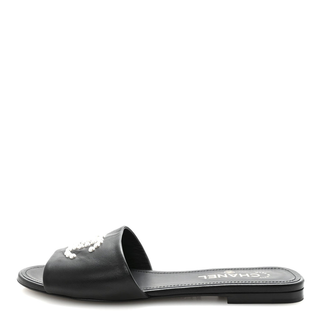Lambskin Pearl CC Sandals 40.5 Black