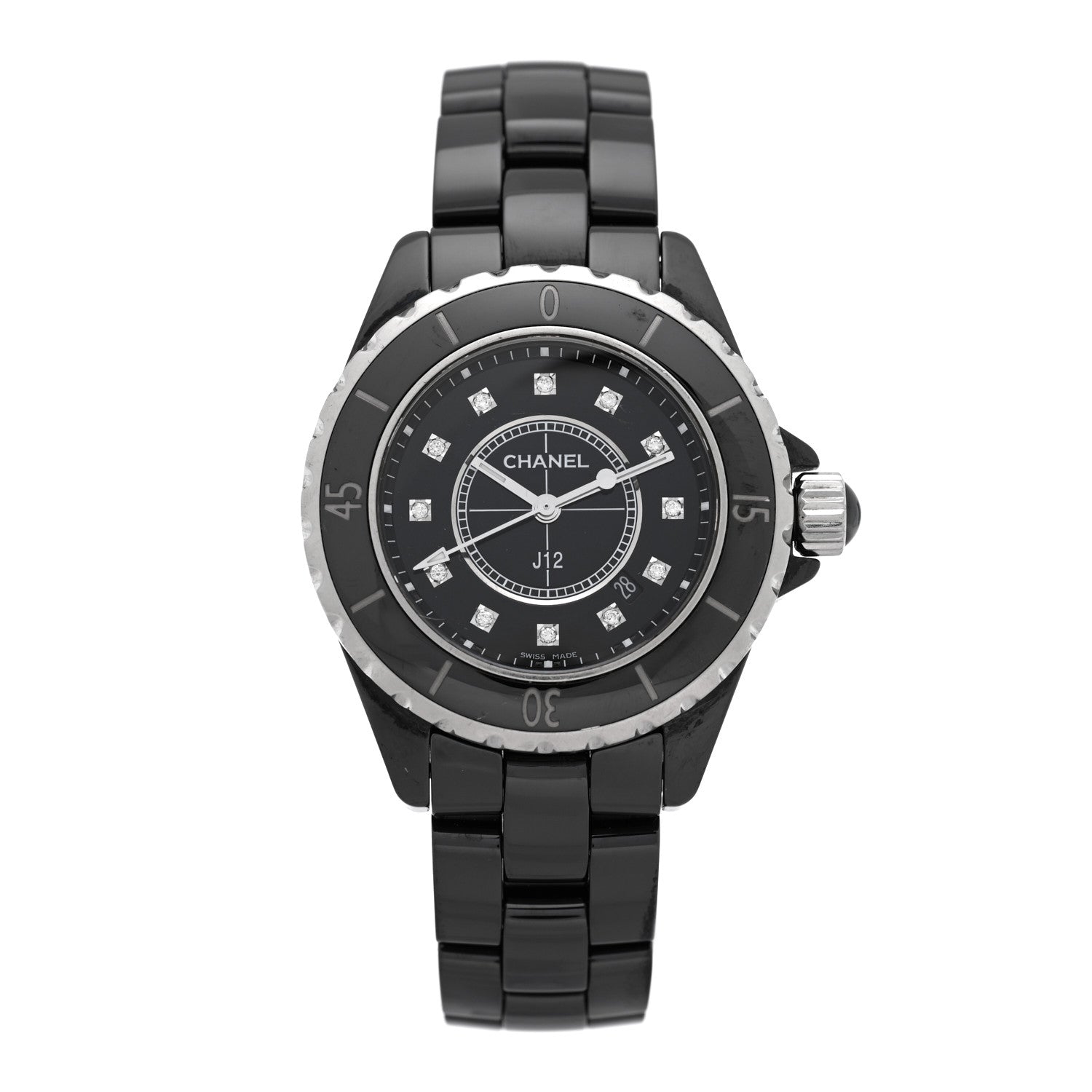 Chanel Stainless Steel Ceramic Diamond 33mm J12 Quartz Watch Black