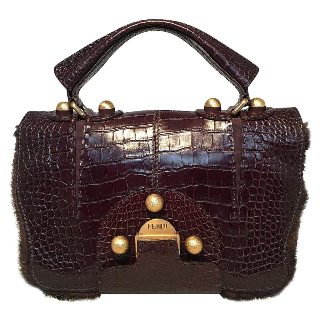 FENDI Rare Limited Edition Brown Alligator and Mink Fur Satchel Handbag