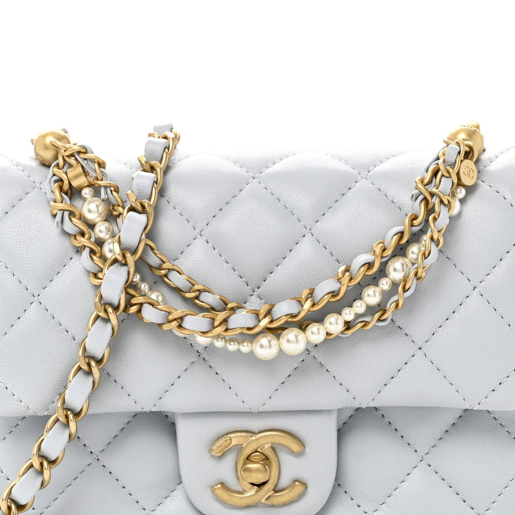 Chanel Shiny Lambskin Quilted Pearl Twist Mini Square Flap Light Blue