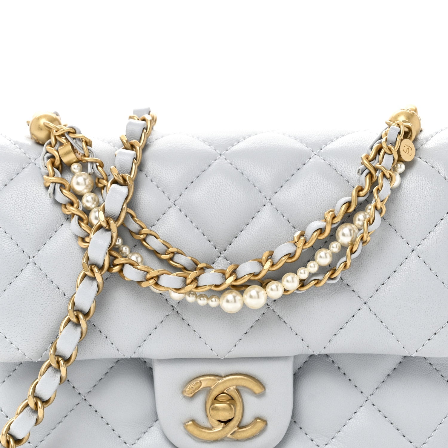 Chanel Shiny Lambskin Quilted Pearl Twist Mini Square Flap Light Blue