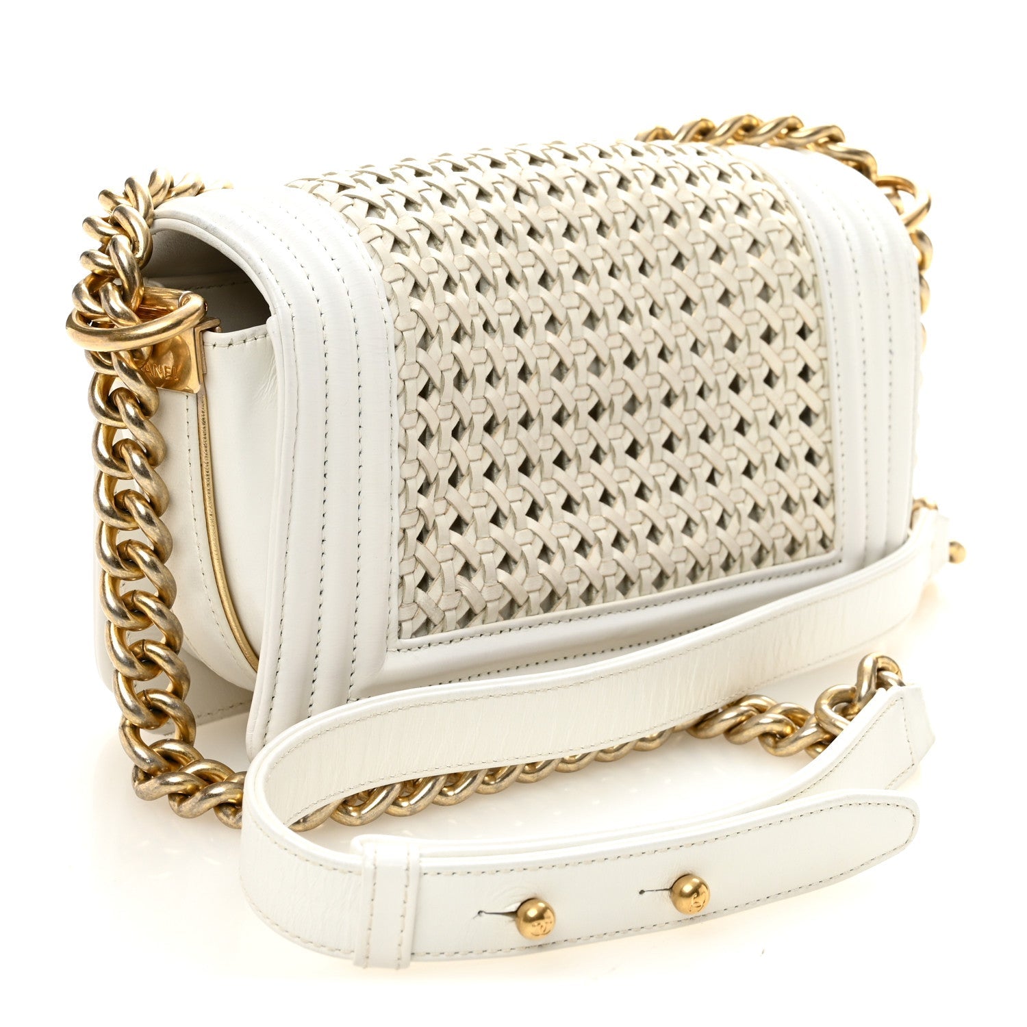 Chanel Sheepskin Braided Small Boy Reverso Flap White
