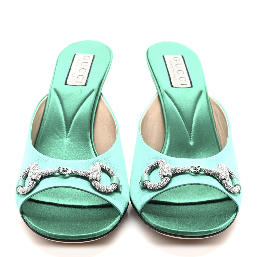 Gucci Raso Seta Malaga Kid Crystal Horsebit Sandals 37.5 Jade Caribbean Green