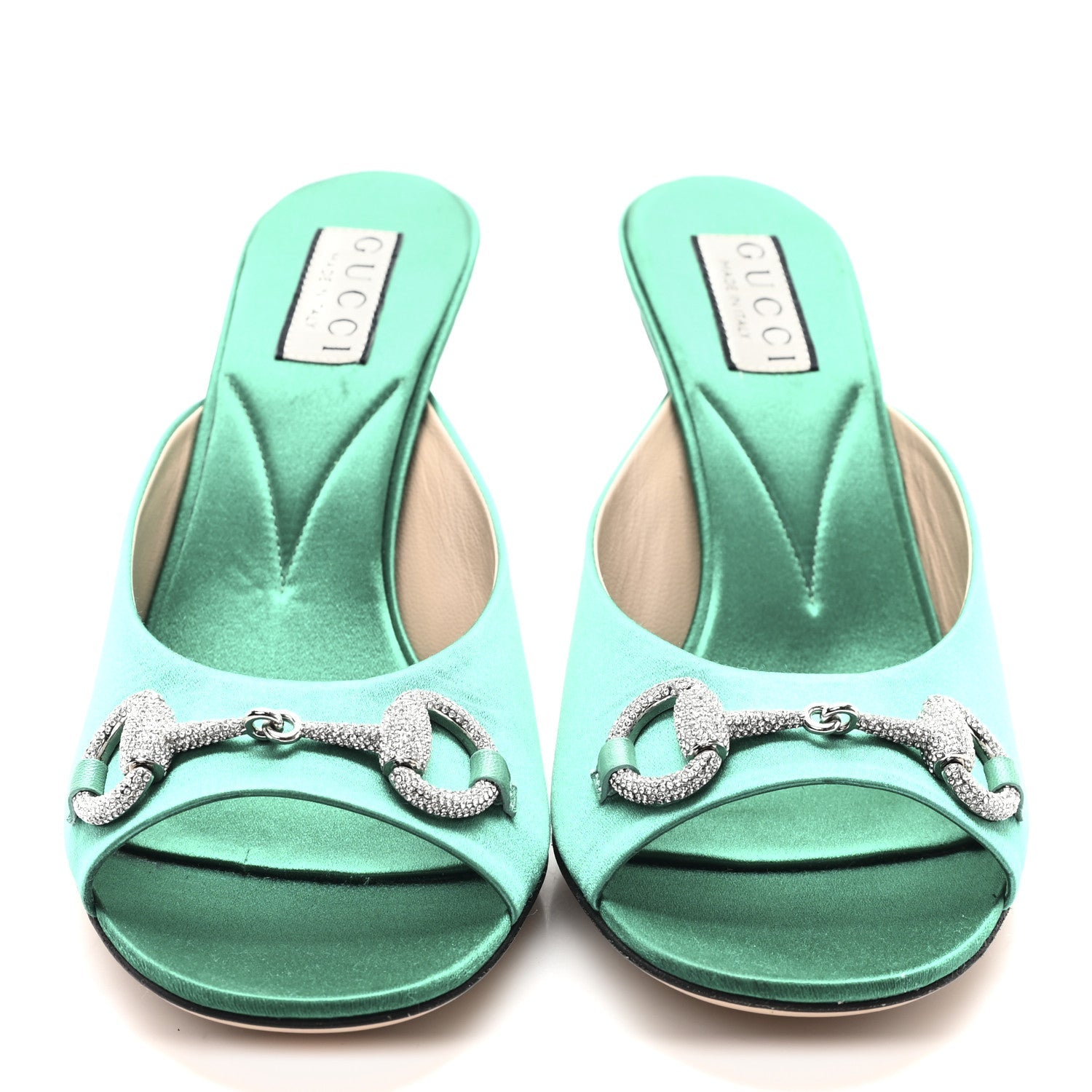 Gucci Raso Seta Malaga Kid Crystal Horsebit Sandals 37.5 Jade Caribbean Green