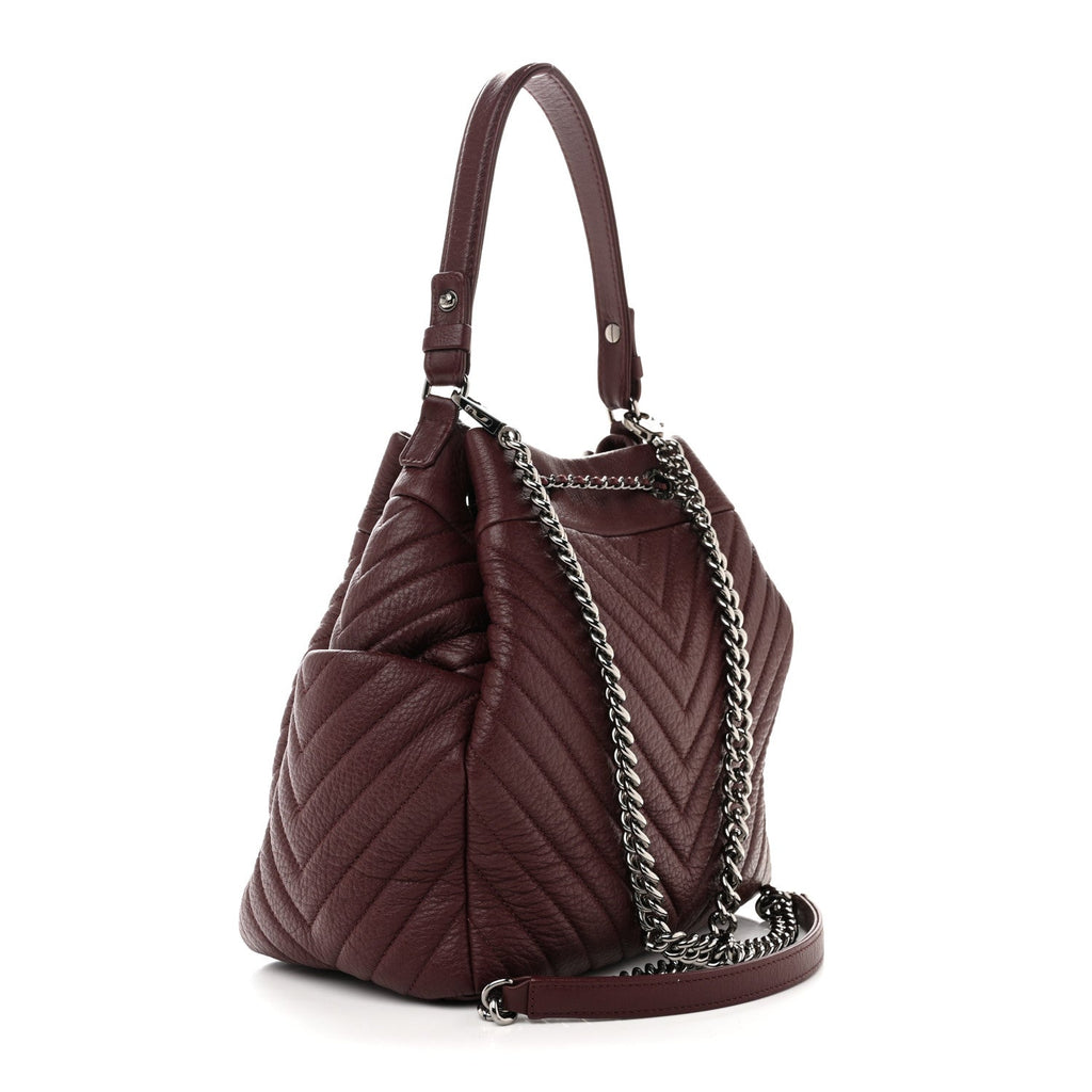 Chanel Deerskin Chevron Medium CC Chain Bucket Drawstring Bag Burgundy