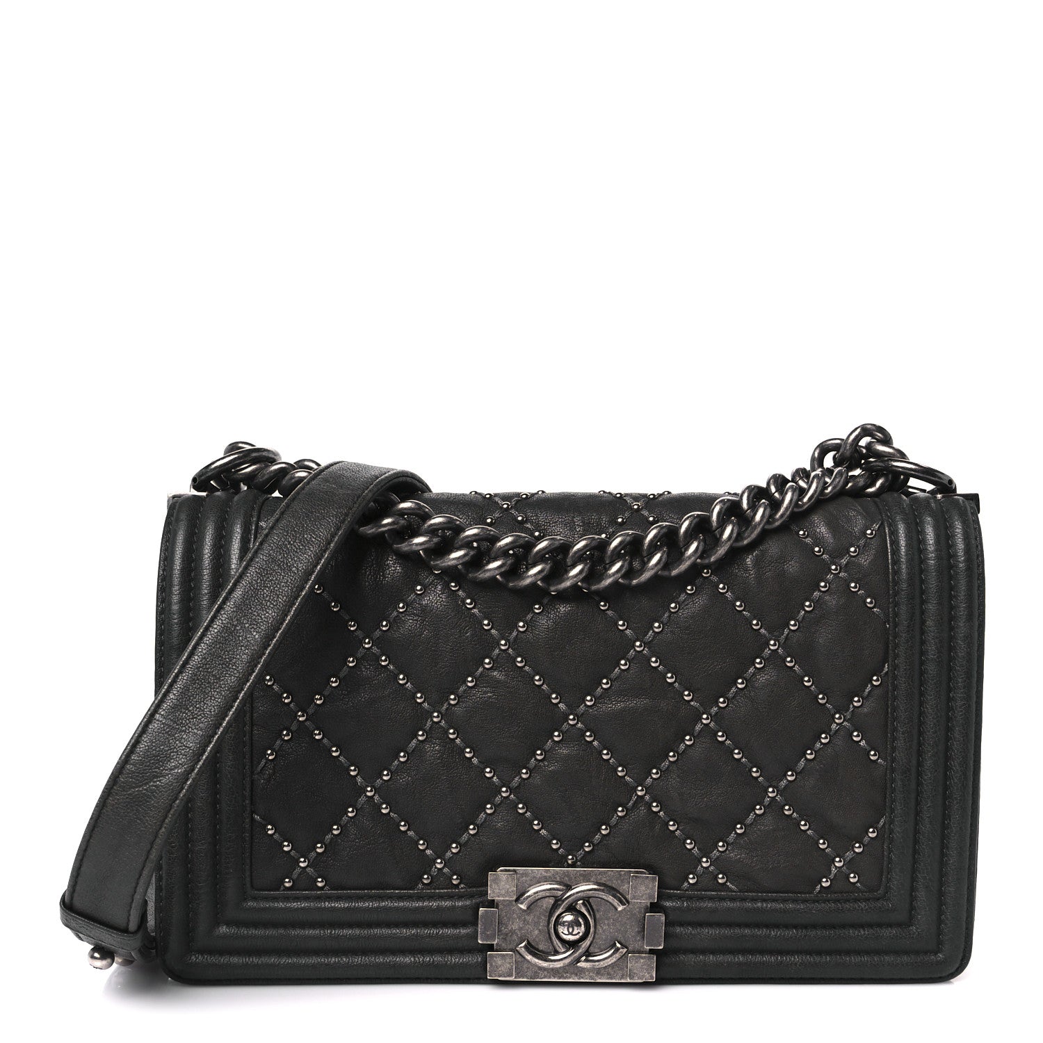 Chanel Crumpled Lambskin Medium Studded Boy Flap Black
