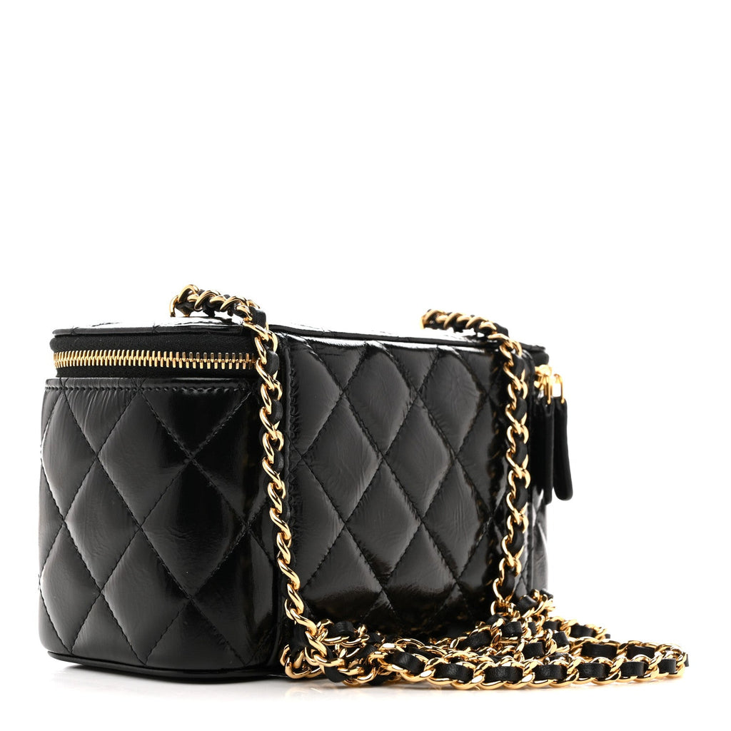Chanel Shiny Lambskin Quilted Small Vanity Case With Chain Black