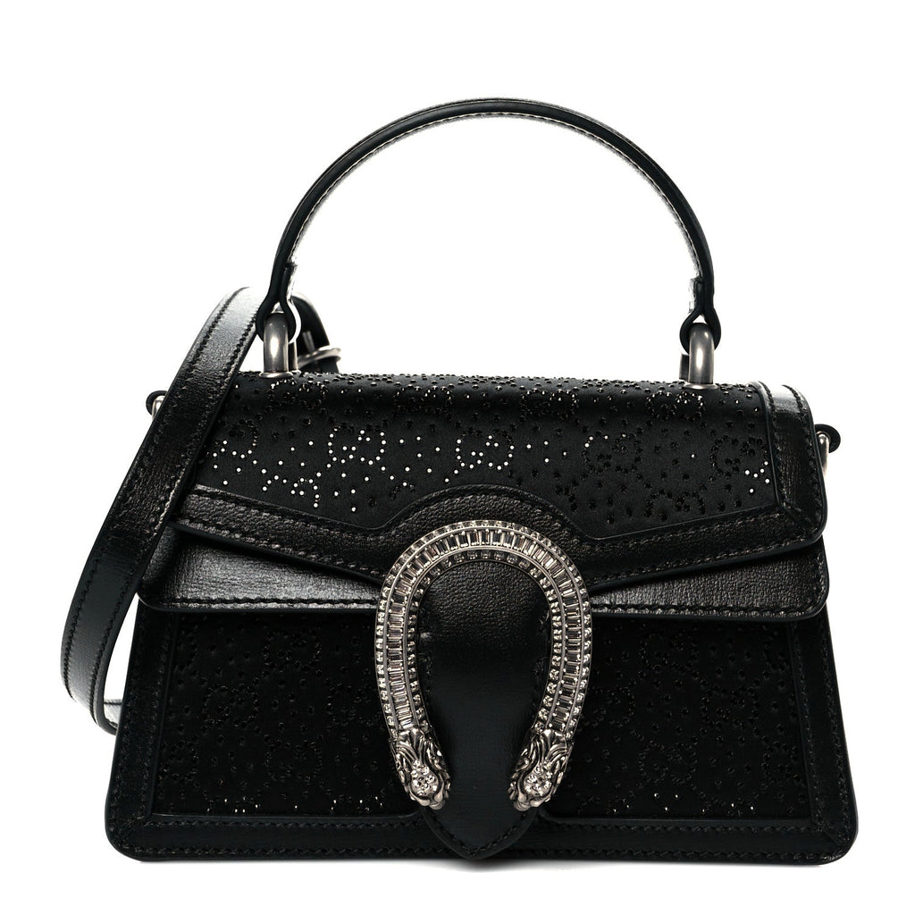 Gucci Satin Crystal GG Monogram Mini Dionysus Top Handle Bag Black