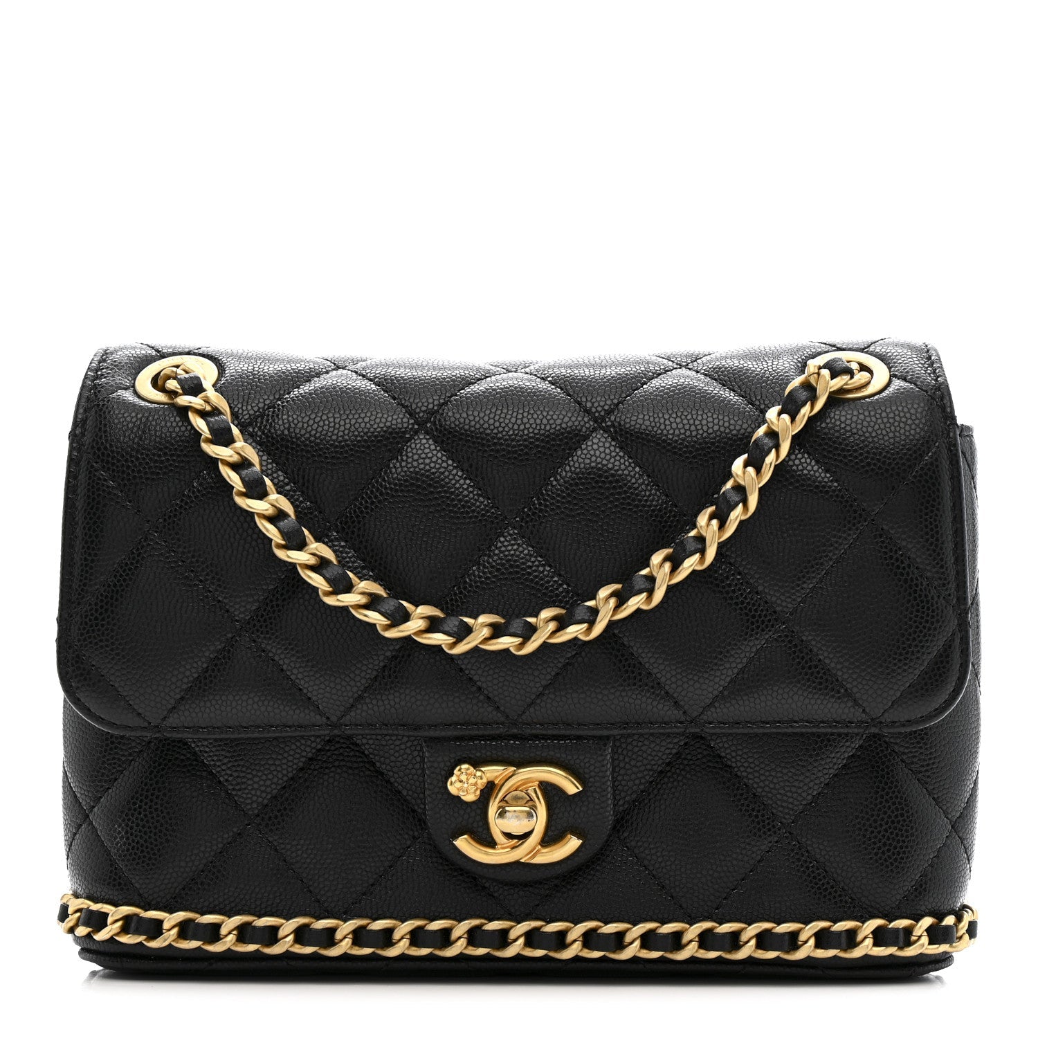 Chanel Caviar Quilted Camellia Chain Around Flap Black
