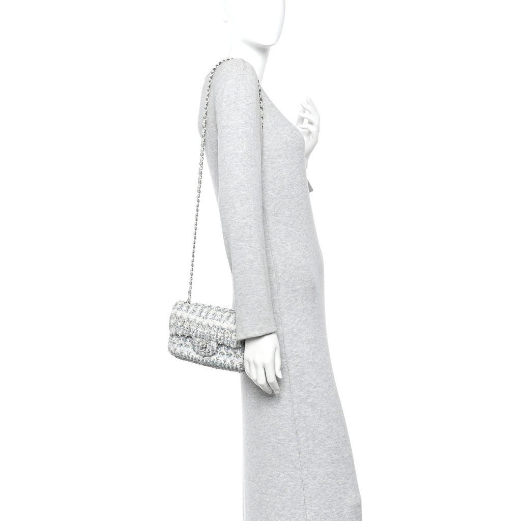 Chanel Tweed Quilted Mini Rectangular Flap Light Green Silver White