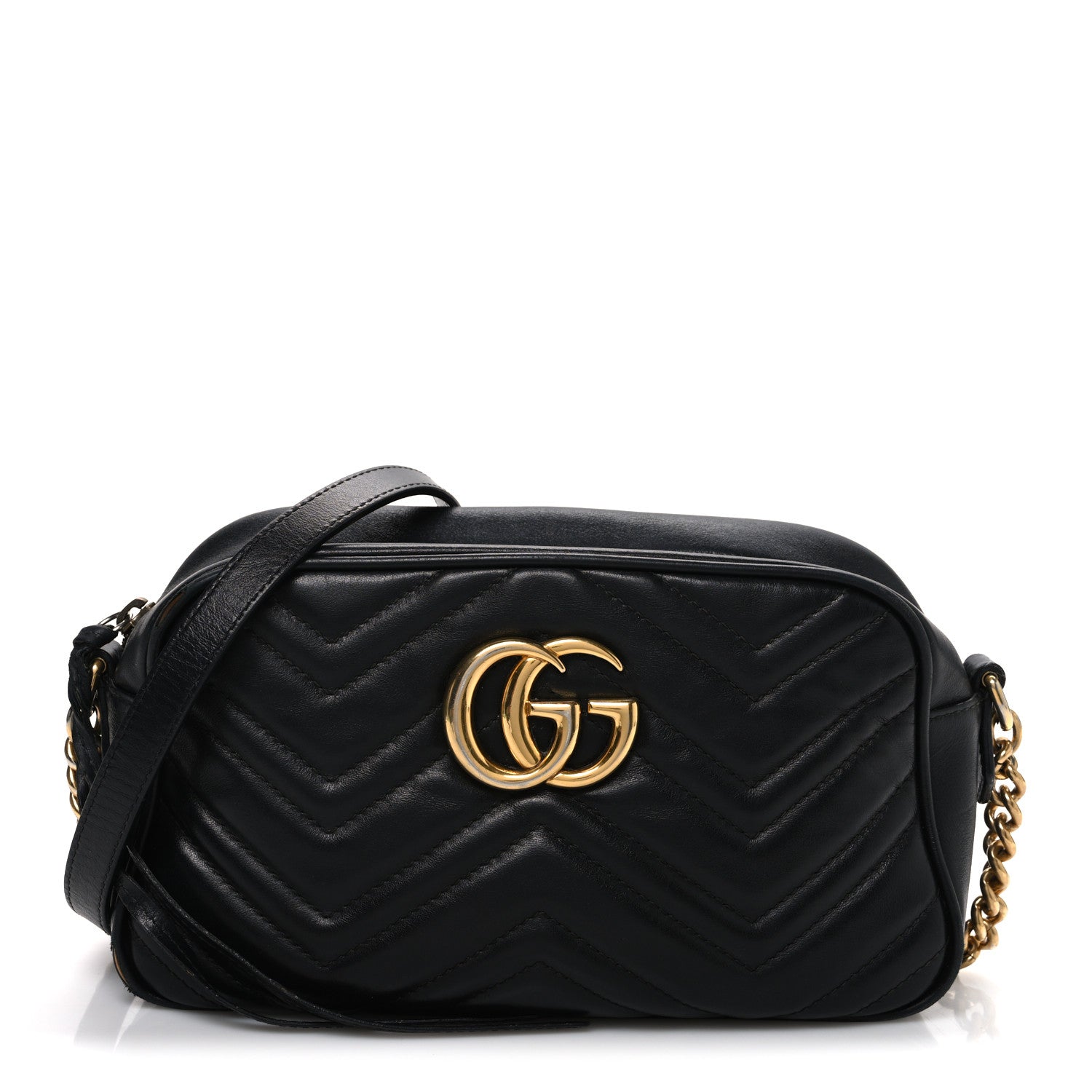 Gucci Calfskin Matelasse Small GG Marmont Chain Shoulder Bag Black