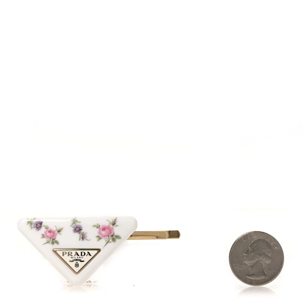 Prada Resin Floral Print Triangle Hair Clip Set White