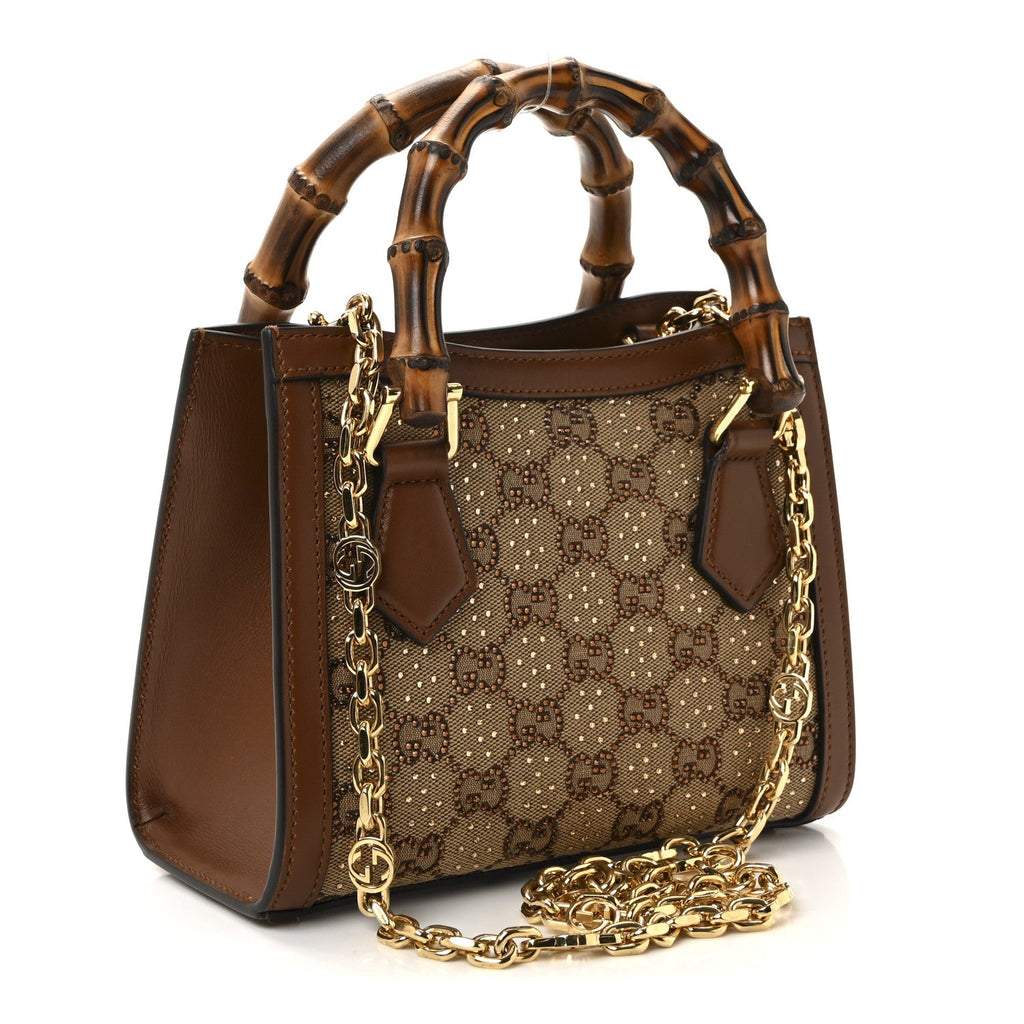 Gucci New Canvas Charisma Calfskin Crystal GG Monogram Mini Diana Tote Bag Camel Ebony