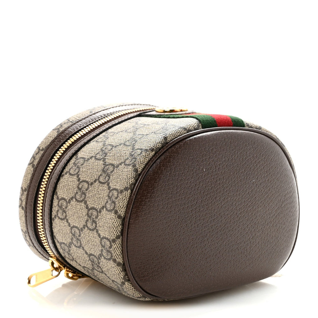 Gucci GG Supreme Monogram Textured Calfskin Web Ophidia Vanity Cosmetic Case Beige Ebony New Acero