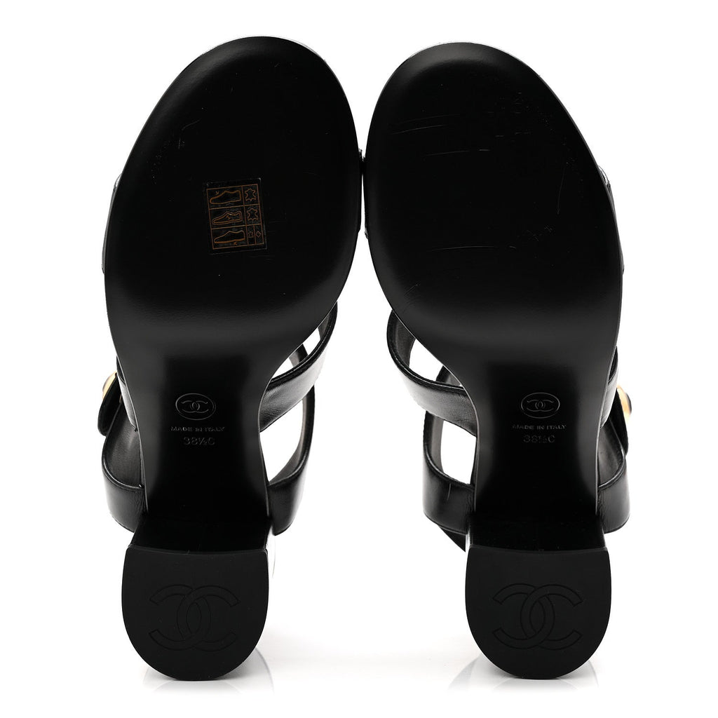 Chanel Shiny Calfskin CC Sandals 38.5 Black
