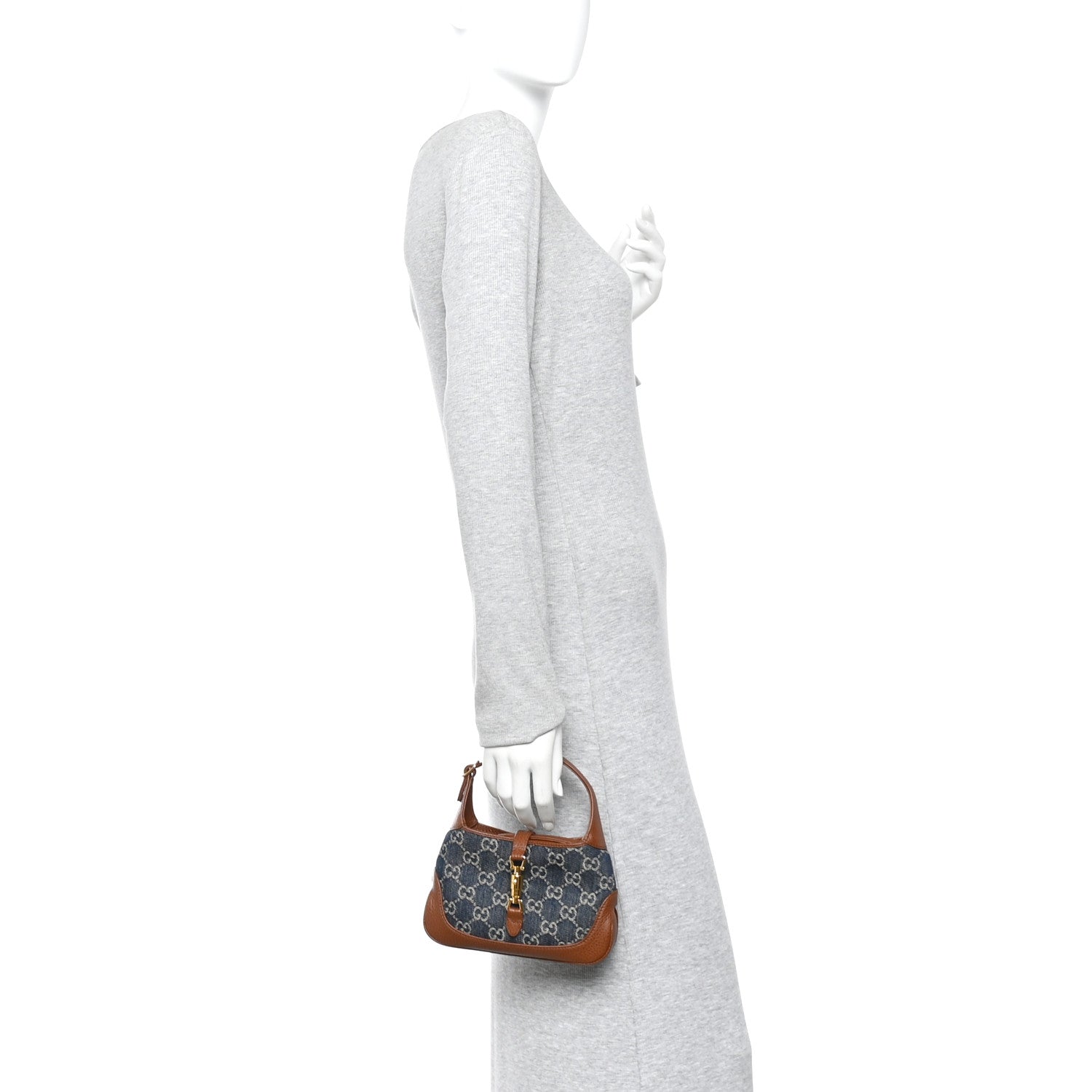 Gucci New Denim GG Monogram Calfskin Mini Jackie 1961 Hobo Blue Tea Cuir