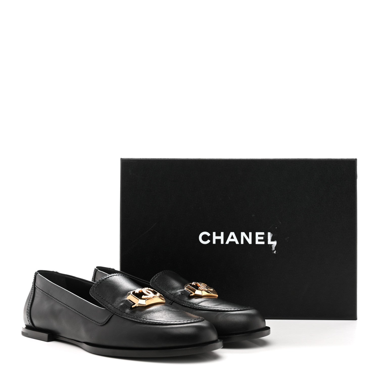 Chanel Shiny Calfskin Metal CC Mocassin Loafers 38.5 Black