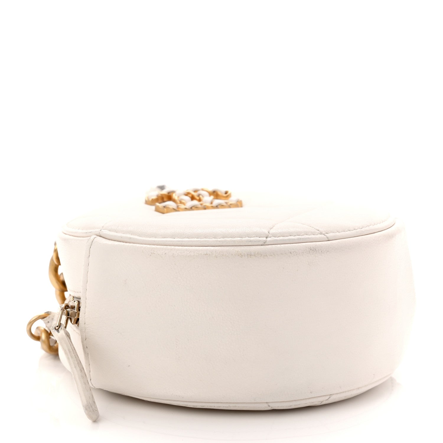 Chanel Shiny Goatskin Quilted Chanel 19 Round Clutch With Chain White