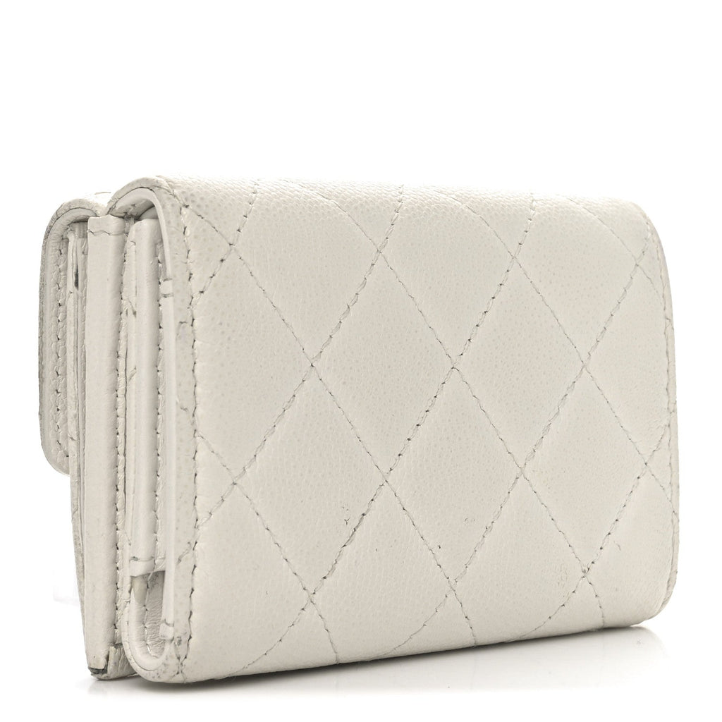 Caviar Quilted Crystal CC Small Flap Wallet White