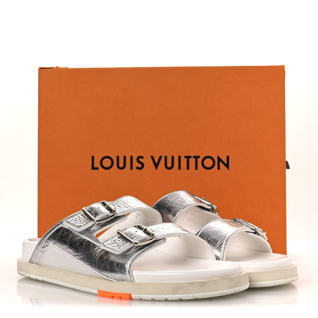 Louis Vuitton Metallic Mix Materials Mens LV Script Trainer Mules 11 Silver Multicolor