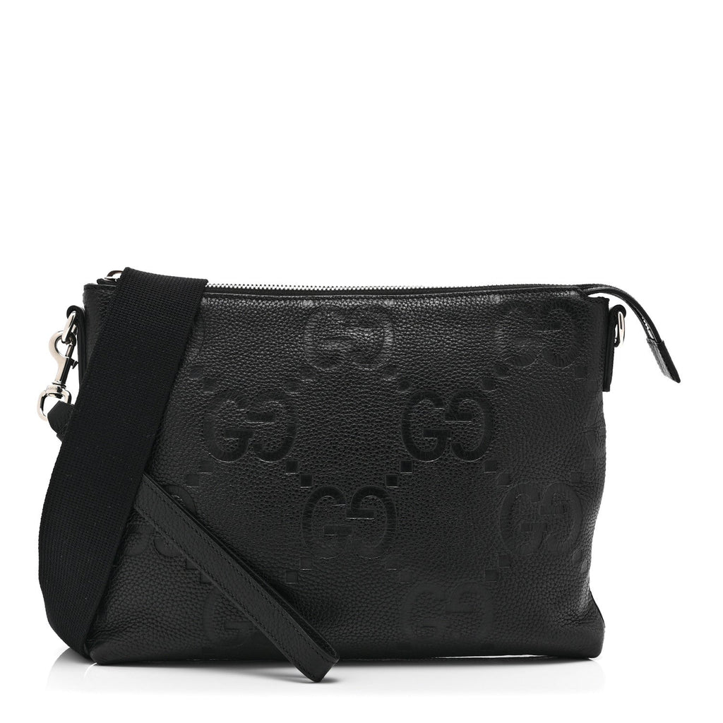 Gucci Piuma Calfskin Jumbo GG Embossed Medium Wristlet Messenger Bag Black
