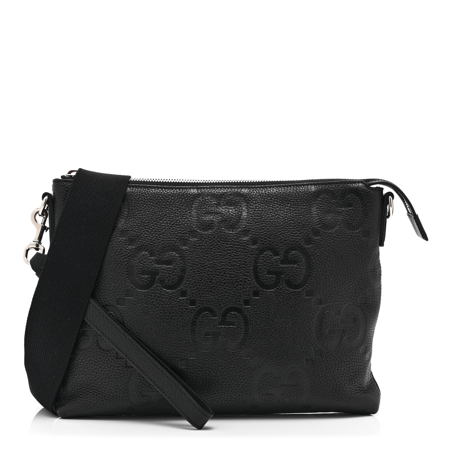 Gucci Piuma Calfskin Jumbo GG Embossed Medium Wristlet Messenger Bag Black