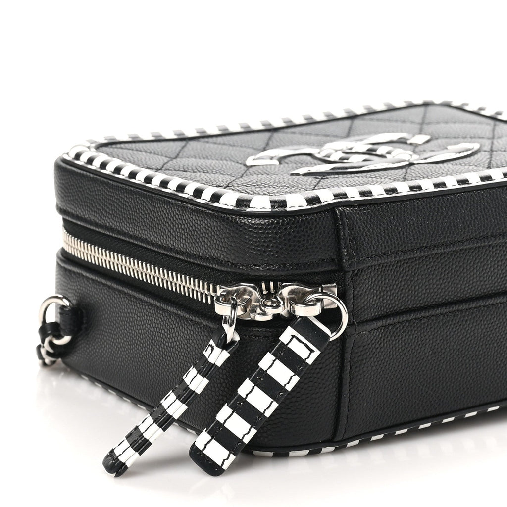 Chanel Caviar Quilted Striped Small CC Filigree Vanity Case Black White