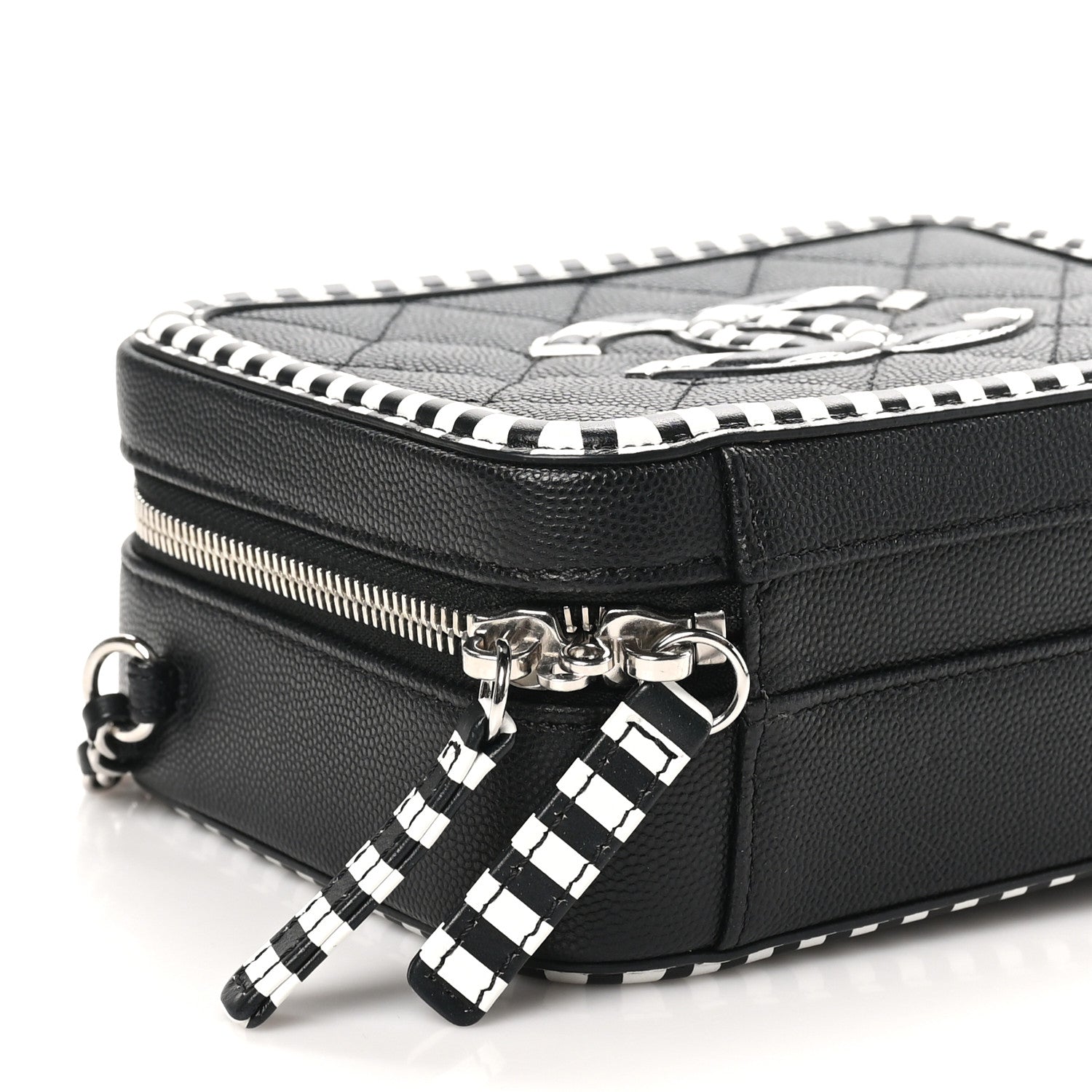 Chanel Caviar Quilted Striped Small CC Filigree Vanity Case Black White